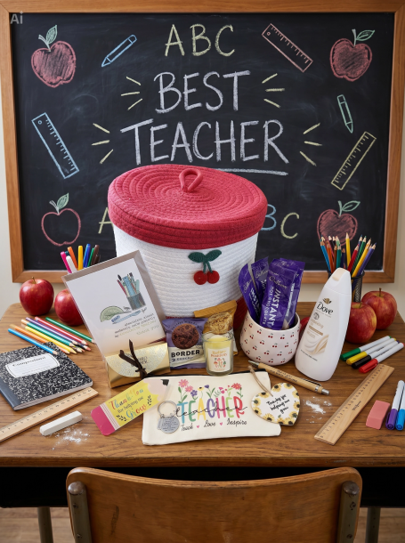 Teacher appreciation/end of term gift set made to order inside a cherry woven keepsake box. Desk with school supplies, apples, and a chalkboard stating "Best Teacher".