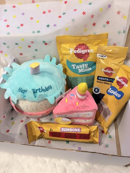 Dog birthday gift box made to customer spec of cake toys and dog treats. A gift box containing a decorative cake and various baking mixes and treats.